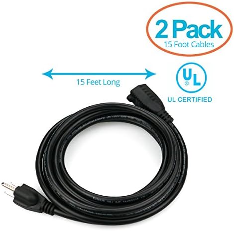 ClearMax Power Cable Extension 3 Prong Cord Plug Male to Female 16 AWG for Home and Office Improvement UL Certified 15 Feet, 2 Pack, Black