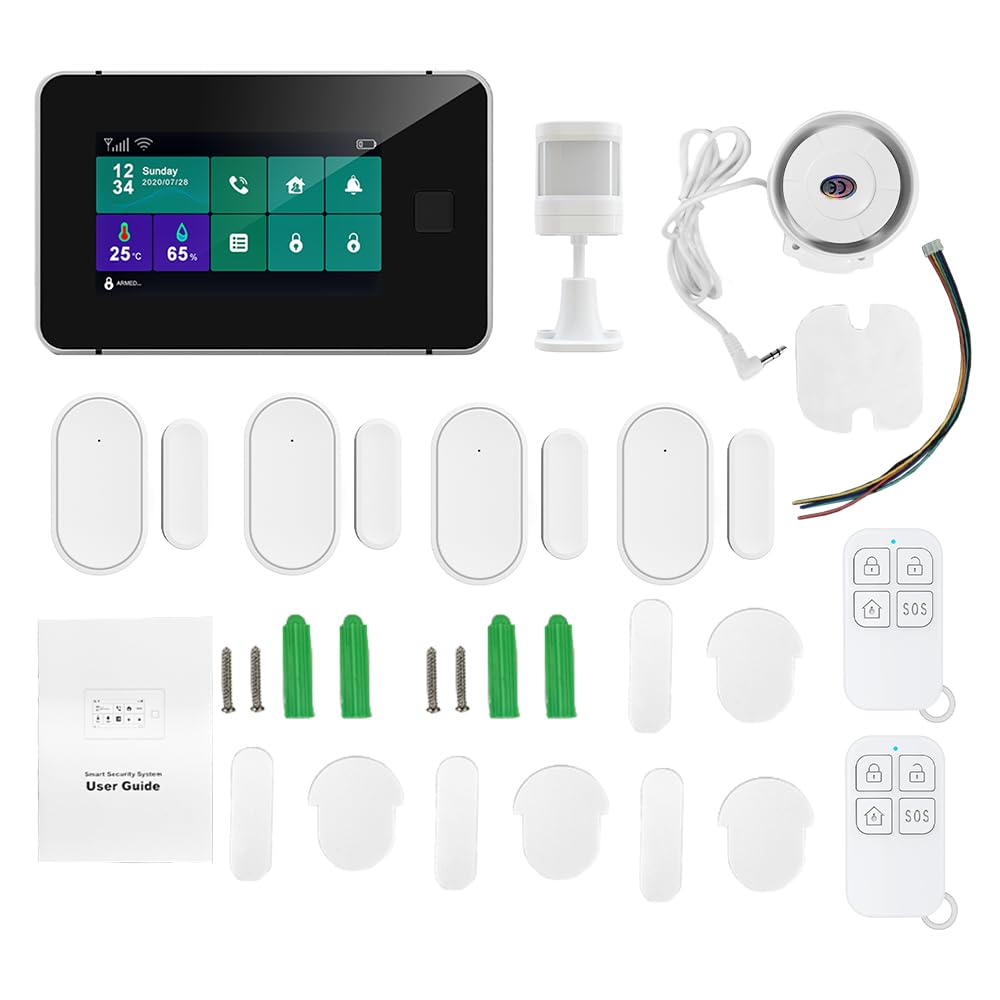 Swokely 2G WiFi TY Wireless Home Alarm System 4.3-inch Full Touch Screen Alarm Panel with Fingerprint Unlocking SOS Anti-theft Alarm Temperature and Humidity Wireless Alarm System for Home Security