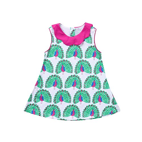 Newborn Toddler Baby Girl Peacock Print Sleeveless Dress Casual Sundress Summer Clothes (3-4T)
