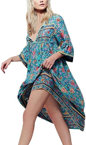 BaZhaHei Women Floral Print Long Sleeve Boho Dress Ladies Evening Party Long Maxi Dress Ladies Party Dress Maxi Dress Dress Slim Sundress Holiday Vacation Bohemian Casual Dress