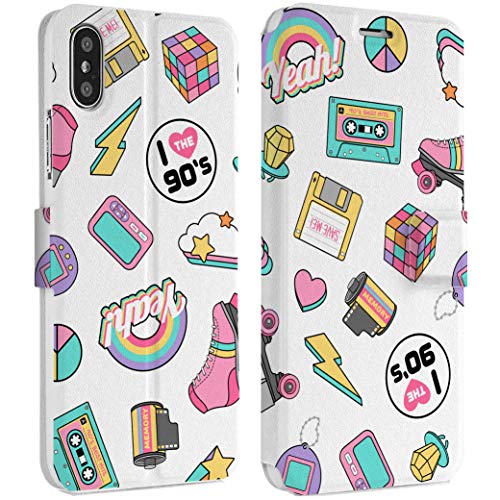 Wonder Wild I love 90's IPhone Wallet Case 10 X/Xs Xs Max Xr 7/8 Plus 6/6s Plus Card Holder Accessories Smart Flip Hard Design Protection Cover Retro Vintage Cassette Pager Tamagotchi Diskette Yeah