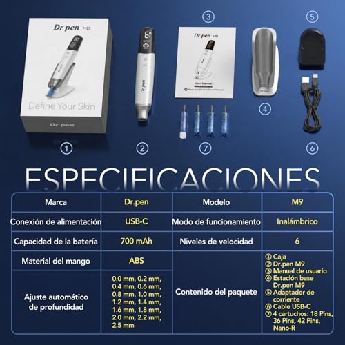 Dr.pen Ultima M9 Dermapen Inalámbrico Rostro y Cuero Cabelludo - Versión 2026: Ajuste con 1 Botón, Chip Inteligente Antifalsificación, Carga USB-C, para Casa o Salón, Gran Regalo para Mujeres | Original, compatible con todos los cartuchos, vídeo guía, fácil uso, devolución 30 días, caja regalo