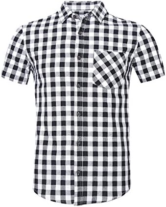Deborri Men's Casual Button Down Short Sleeve Plaid Western Shirt black m