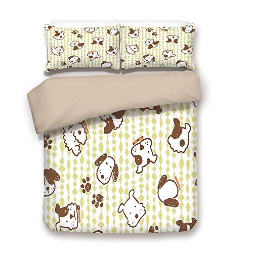 Duvet Cover Set,Back of Khaki,Kids,Modern Pattern with Puppy Dogs and Paws Doodle Style Print Home and Party Decorations Decorative,White Green,Decorative 3 Pcs Bedding Set by 2 Pillow Shams,King