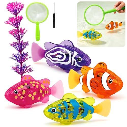 AM ANNA Magic Swimming Fish Toy Water-Activated Robotic, Glowing Light-Up Fish Interactive, 4PCS Pink Yellow Purple Orange with Seaweed, Floating Wagging Tail for Bathtub Pool Cat (4 Fish)