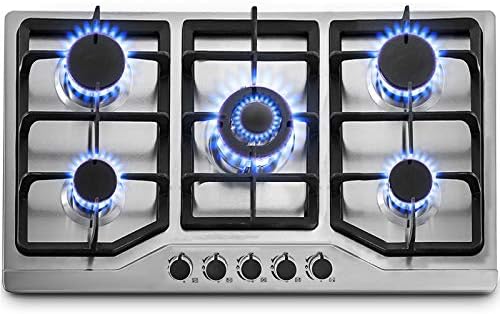 Happybuy 34"x20" Built-in Gas Cooktop 5 Burners LPG/NG Gas Stove Cooktop Stainless Steel Cooktop Gas Hob With Liquid Propane Conversion Kit Thermocouple Protection & Easy To Clean