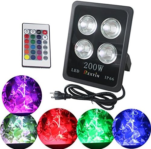 Rextin 200W Waterproof RGB LED Spotlights Flood Lights Outdoor Color Changing LED securtity Spotlights with US 3 Plug, Wall Washer Spot Light 16 Colors & 4 Modes with Remote Control (200W RGB)