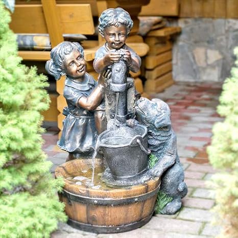 Brunnen Kinderpaar Hund Springbrunnen Pumpe Gartenbrunnen Inkl Spring Zierbrunnen