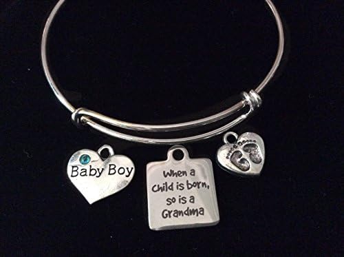 When A Child Is Born So Is A Grandma Expandable Charm Bracelet Baby Boy or Girl Silver Adjustable Bangle Grandmother New Baby Gift Baby Feet Pink or Blue Rhinestone