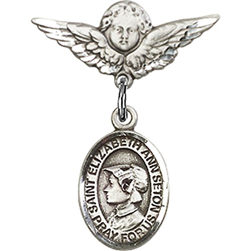 Sterling Silver Baby Badge with St. Elizabeth Ann Seton Charm and Angel w/Wings Badge Pin 7/8 X 3/4 inches