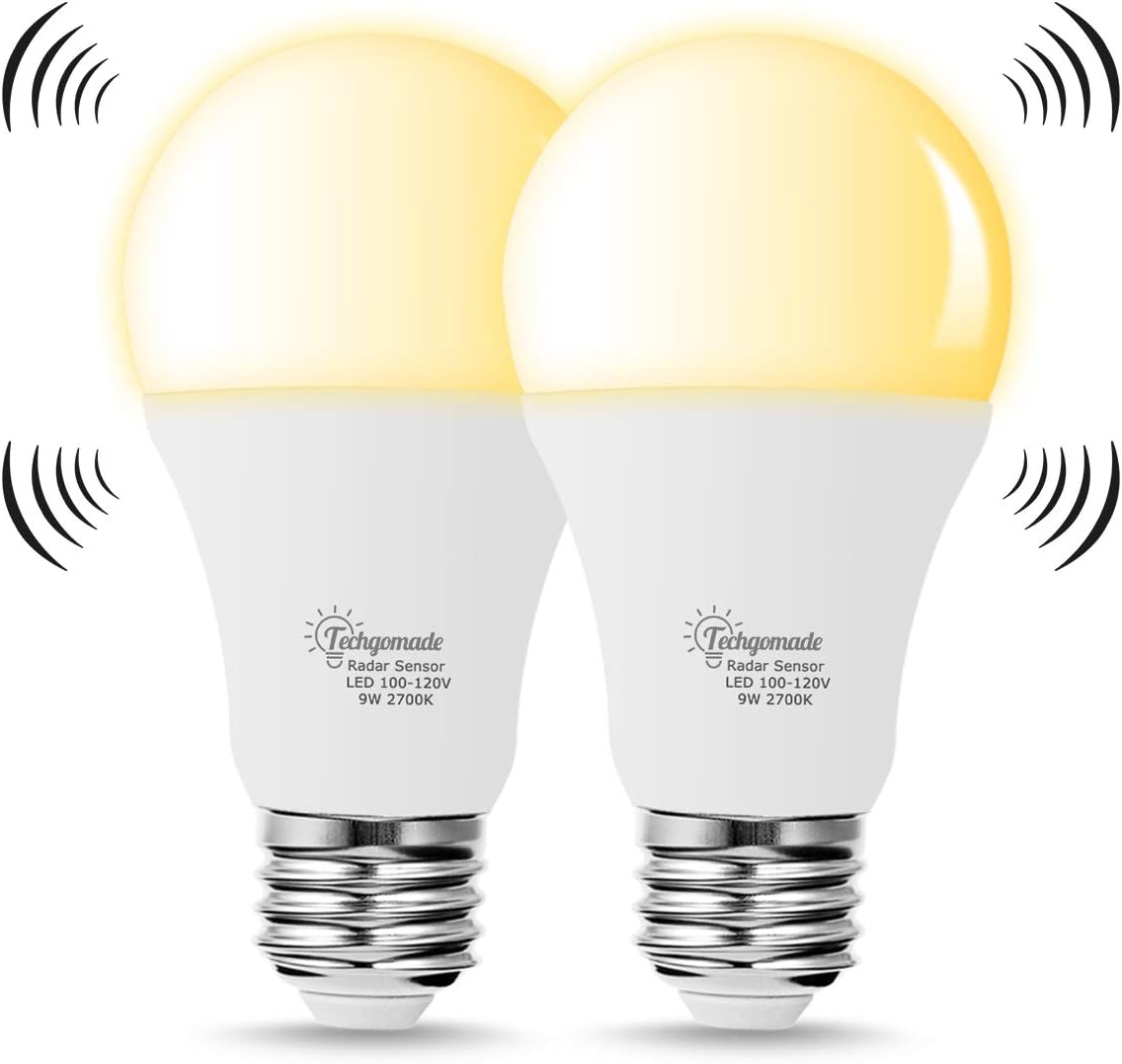 TechgoMade LED Radar Motion Sensor Dusk to Dawn Light Bulbs, 60W LED Equivalent(9W), A19 LEDs Indoor Outdoor Bulbs Soft White 2700K, Porch Garden Lighting, Security Bulb Lights for Home Bulb, 2 Pack