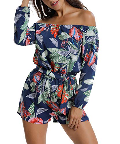 MISS MOLY Rompers for Women Long Sleeves Boat Neck Off The Shoulder Strapless Mid Rise Casual Jumpsuit w Belt