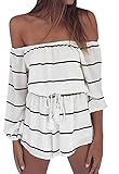 YOMISOY Women Slash Stipred Romper Print Long Sleeve Summer Outfits Short Jumpsuits,Small,White
