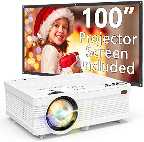 QKK Portable LCD Projector 3500 Brightness [100″ Projector Screen Included] Full HD 1080P Supported, Compatible with Smartphone, TV Stick, Games, HDMI, AV, Indoor & Outdoor Projector for Home Theater