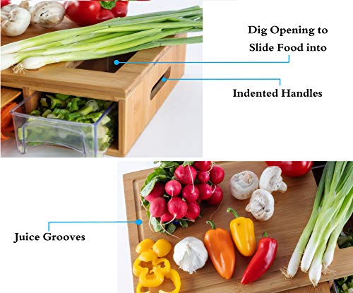 Large bamboo cutting board with trays/drawers/container and bamboo lids, Chopping board with juice grooves, handles & food sliding opening, cutting board with 4 trays for easy food prep and cleanup