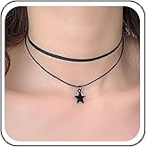 Erimberate Bohemian Layered Star Choker Necklace Black Enamel Star Pendant Necklace Black Leather Lace Chain Necklace Minimal Lace Star Collar Necklace Jewelry for Women