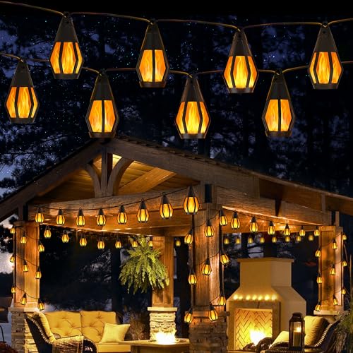 Solar-Lichterkette für den Außenbereich, 10 m, Solar-Terrassenlichter mit 10 flackernden Flammen, wasserdicht, warmweiß, solarbetriebene Außenleuchten