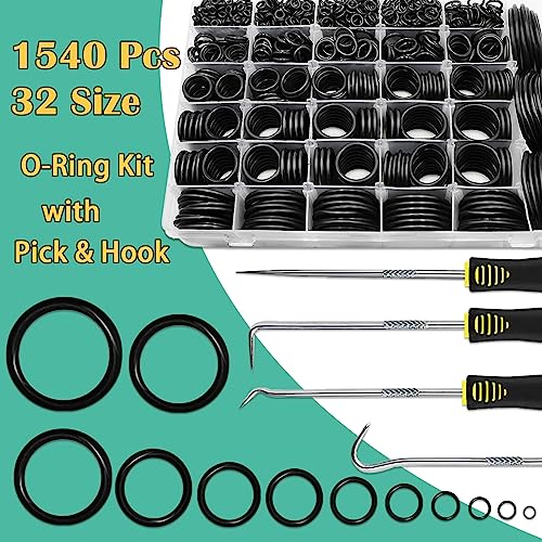 XBVV 32 Tamaño O Anillo Surtido,1540 PCS Métrico Nitrilo NBR Caucho ORing Kit con 4 Pick & Hook Set para Automotriz Grifo Fontanería Lavadora a Presión Sellado Reparación Negro