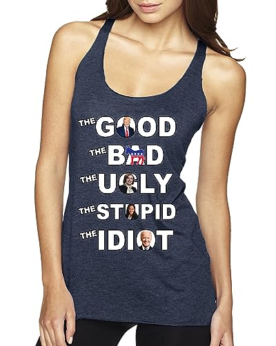 The Good Bad Ugly Stupid Idiot Political Ladies Tri-Blend Racerback Tank Top, Vintage Navy, Large at Amazon