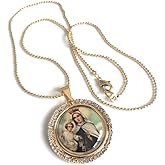 SIFRIMANIA Shimmering Rhinestone Embellishments Catholic Coin Medal Colorful Resin Image Necklace 17.2 Inches Ball Chain