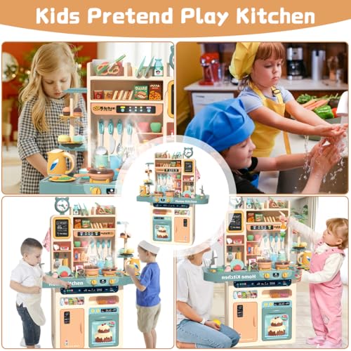 87PCS Kids Kitchen Playset with Light & Sound Simulation of Spray Sink | Mini Toddler Cooking Pretend Play Toy With Kitchen Appliances, Fruit, Vegetable, Ideal Gift For Children Girls Boys
