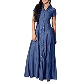 utcoco Womens Short Sleeve Denim Maxi Dress Casual Loose Fit Button Down Long Jean Dresses