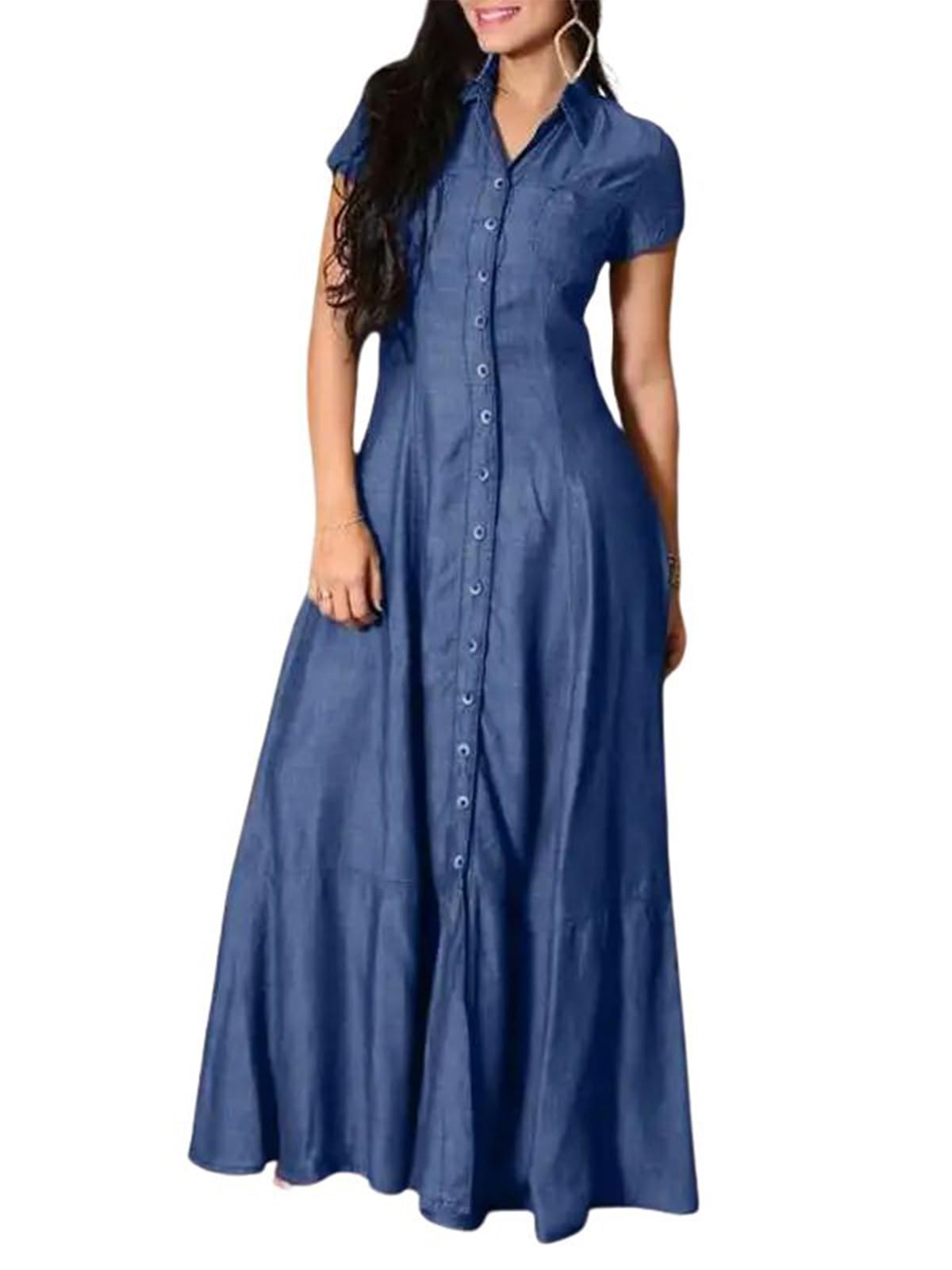 Photo 1 of utcoco Womens Short Sleeve Denim Maxi Dress Casual Loose Fit Button Down Long Jean Dresses (Large, Blue)