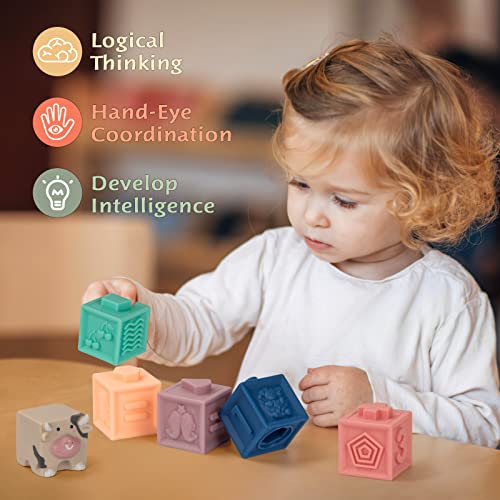 UNIH Baby Blocks, Soft Stacking Blocks with Animals Numbers Fruits