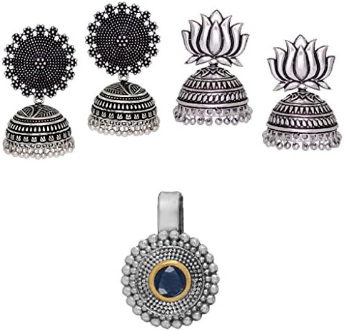Fashion Honor 2 Pairs Silver Earrings &amp; Blue Nose Pin Jewellery