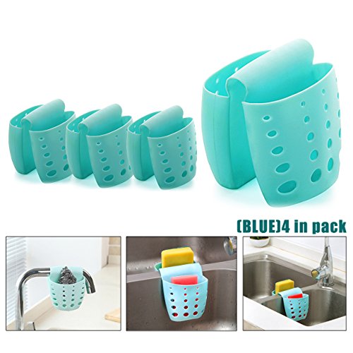 4PCS Sponge Sink Holder,Hanging Silicone Kitchen Gadget Storage Organizer,Baskets Drain Bag (blue)