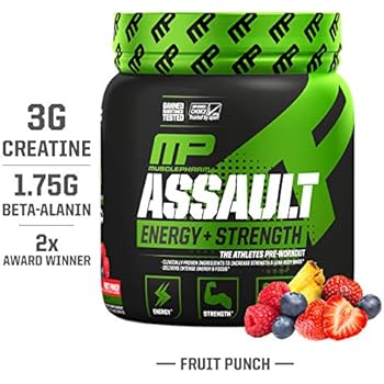 MusclePharm Assault Sport Pre-Workout Powder with High-Dose Energy, Focus, Strength, and Endurance with Creatine, Taurine, and Caffeine, Fruit Punch, Energy Drink Powder,30 Servings