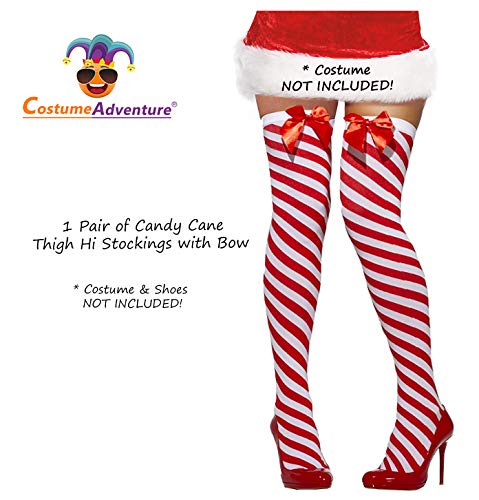 Costume Adventure Candy Cane Red and White Striped Over The Knee Christmas Stockings with Bow
