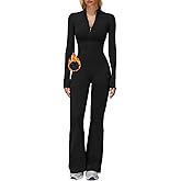 AEEZO Womens Fleece Lined Workout Flared Jumpsuits Zip Up Thermal Yoga Rompers Sexy Wide Leg One Piece Bodysuit