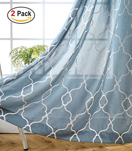 Miuco Moroccan Embroidery Semi Sheer Curtains Faux Linen Grommet Curtains for Bedroom 52 x 63 Inch 2 Panels, Dusty Blue