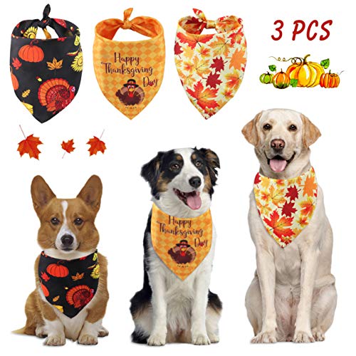 IdepetIdepet Autumn Dog Bandana 3 Pack Halloween Fall Pet Triangle Bibs Scarf Cute Turkey Maple Leaf Printing Kerchief Sets Washable Accessories for Small Medium Large Dogs Cats Reversible