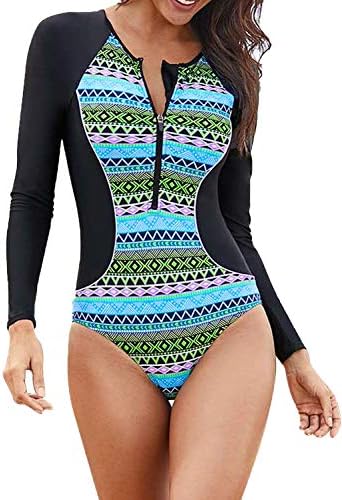 Azokoe Womens Summer Beach Printed Zip Front Maillot One Piece Swimsuit Swimwear