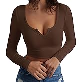 Artfish Women's Long Sleeve Scoop Neck V Notch Ribbed Slim Fitted Casual Basic Crop Top