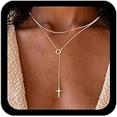 Allereyae Vintage Cross Y Lariat Necklace Gold Cross Y Necklace Layered Circle Choker Necklaces Religious Crucifix Pendant Necklaces Long Crucifix Drop Jewelry for Women