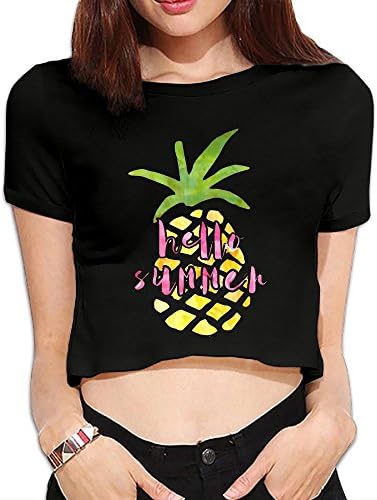 Kanduquyi Hello Summer Pineapple Women's Summer Loose Fit Comfortable Short Sleeve Midriff T-Shirt Casual Crop Top MBlack