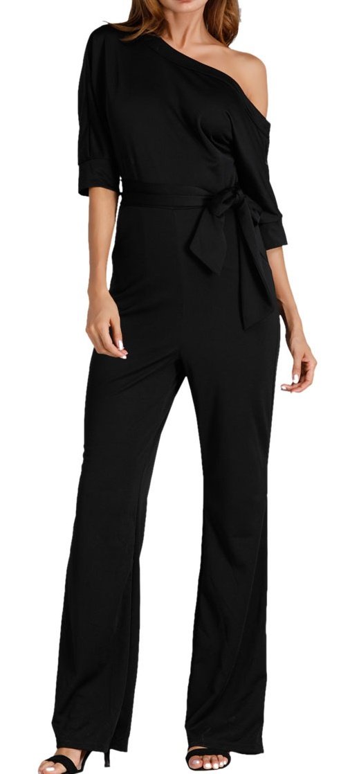 Elastic Waist 3/4 Sleeve Off Shoulder Jumpsuit Romper Women Plus Size Black XL