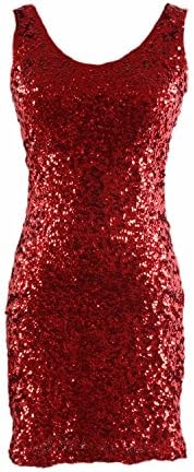 Syne Sun Women's V Neck Sequin Glitter Bodycon Stretchy Sexy Mini Party Dress (Red)
