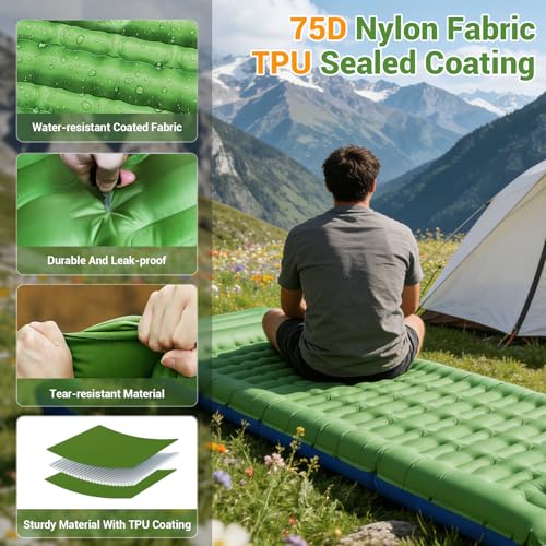 JATEKA Inflatable Camping Mattress Ultra Light with Integrated Cushion 14 cm Single Inflatable Mattress for Outdoor Travel Beach Camping Mattress Light Blue Green