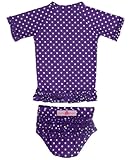 RuffleButts Little Girls Grape Polka Dot Ruffled Rash Guard Bikini