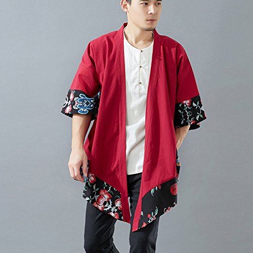 LZJN Men's Vintage Kimono Cardigan Cotton Linen Cloak Poncho Open Front Coat (Red, XL) - Thumbnail 3