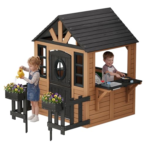 Albott Outdoor Wooden Playhouse for Kids, Backyard Cottage with Fence