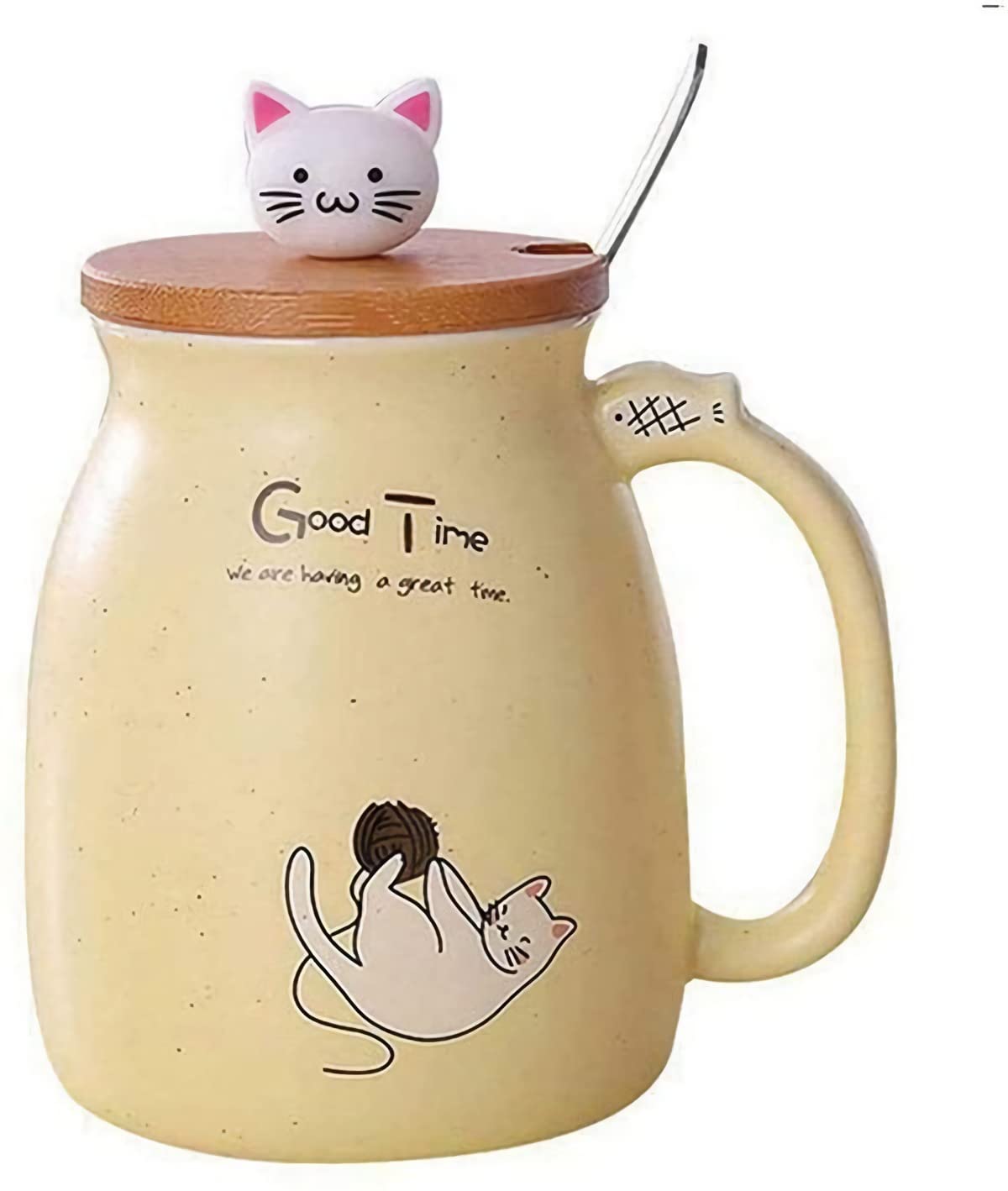 HwaGui Coffee Mug Ceramic Gift Mug with Spoon and Wooden Lid for Drinks Fruit Juice 420 ml (Yellow)