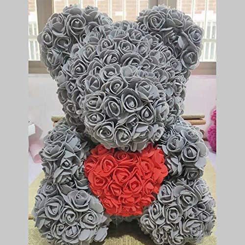 PROOY Rose bear standing hand holding heart artificial eternal flower rose bear, birthday holiday anniversary Valentine's Day fine gift,gray