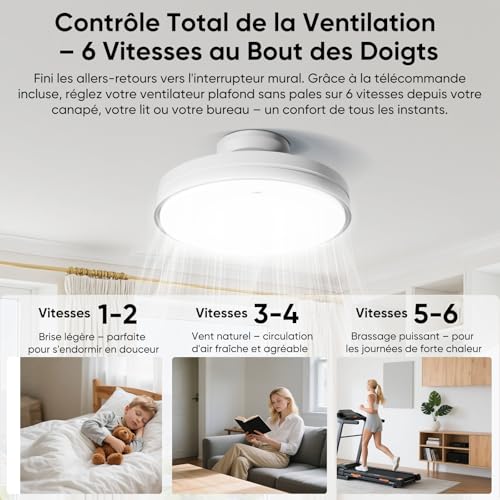 GONEO Bladeless Ceiling Fan with Light – 24.5 cm Extra Flat, Recessed, 60W LED Dimmable 3000-6500K, 6 Speed, Remote Control Timer, Silent, Children's Bedroom Office | Low Ceiling Flat