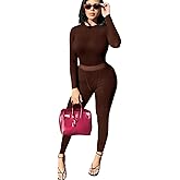 vyolu Casual Workout 2 Piece bodycon casual outfit Women Ribbed Set Long Sleeve Elastic Leggings LoungeWear activewear