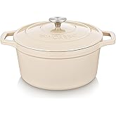 vancasso Cast Iron Dutch Oven, 6 QT Round Pot with Lid and Dual Handles, Non Stick Enamel Coating for Bread Baking, White